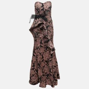 Pre Owned Badgley Mischka Couture Metallic Floral Jacquard Embellished Strapless Gown L