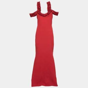 Pre Owned Badgley Mischka Couture Red Crepe Off Shoulder Embellished Long Gown L