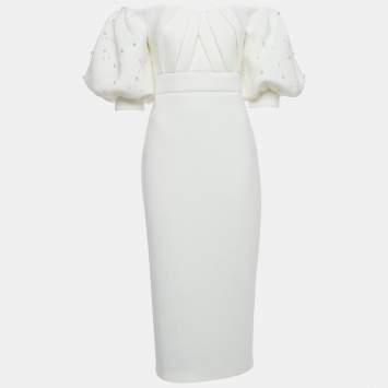 Pre Owned Badgley Mischka Ivory Jersey Off-Shoulder Embellished Midi Dress L