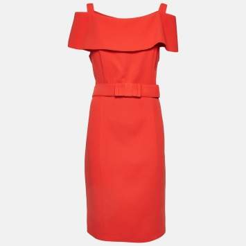 Badgley Mischka Brick Red Crepe Belted Short Dress L