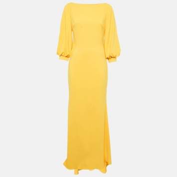 Pre Owned Badgley Mischka Yellow Crepe Puff Sleeve Marigold Gown M