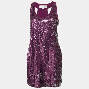 Badgley Mischka Purple Sequin Crepe Sleeveless Mini Dress S