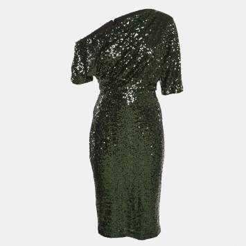 Pre Owned Badgley Mischka Green Sequin One-Shoulder Short Dress M