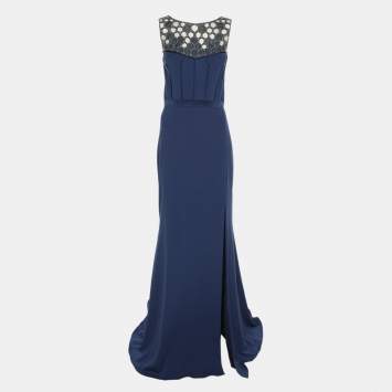 Badgley Mischka Blue Silk Stretch Embellished Gown Dress L