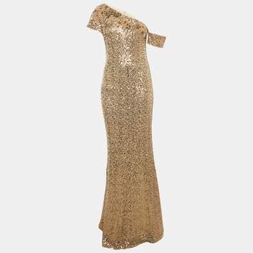 Pre Owned Badgley Mischka Gold Sequins Nylon Asymmetrical Neck Long Dress XS 