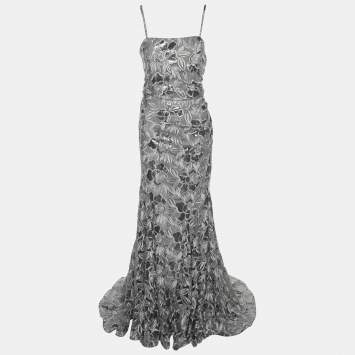 Pre Owned Badgley Mishka Silver Sequin Mesh Embellished Dress M