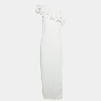 مملوكة مسبقًا Badgley Mischka White Crepe Ruffle Lace Detail One Shoulder Gown M