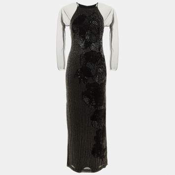 مملوكة مسبقًا Badgley Mischka Black Embellished Mesh Gown L
