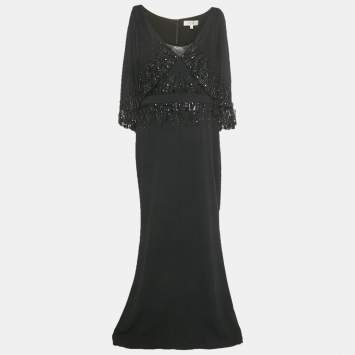 مملوكة مسبقًا Badgley Mischka Black Embellished Overlay Crepe Gown XL