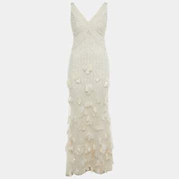 Pre Owned Badgley Mischka White Sequin Undelay Tulle Applique Gown M