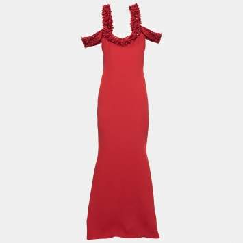 مملوكة مسبقًا Badgley Mischka Couture Red Crepe Off Shoulder Embellished Long Gown L