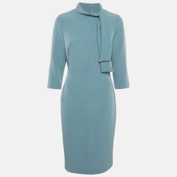 Pre Owned فستان ميني بادغلي ميشكا كريب أزرق فاتح بفيونكة مقاس صغير - سمول