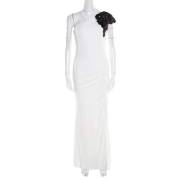 Pre Owned Badgley Mischka Collection White Ruched Knit Contrast Embellished One Shoulder Gown L
