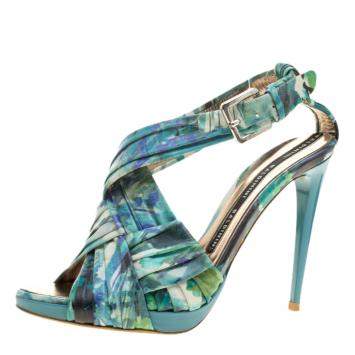 Pre Owned Baldinini Green Floral Print Leather Criss Cross Sandals Size 38