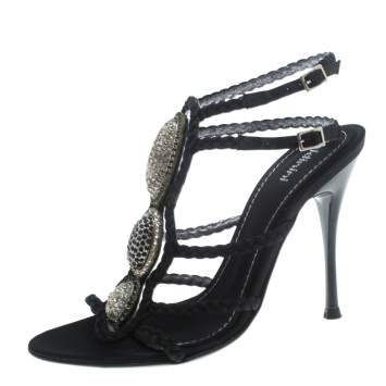 Pre Owned Baldinini Black Braided Satin Crystal Embellished Ankle Strap Sandals Size 36
