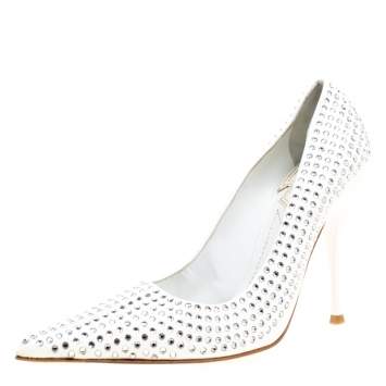 Pre Owned Baldinini White Patent Leather Crystal Embellished Pointed Toe Pumps Size 38