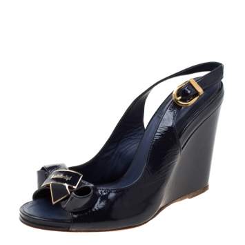 Baldinini Blue Leather Bow Wedge Ankle Strap Sandals Size 37