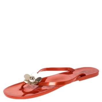 Pre Owned Baldinini Orange Flower Embellished Jelly Thong Flats Size 41