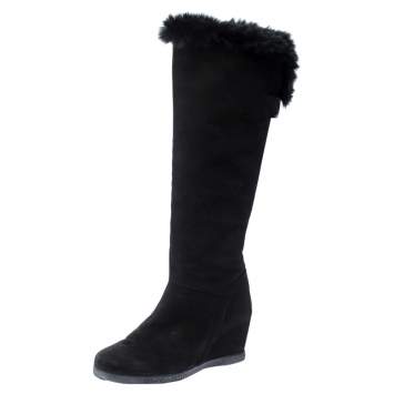 Pre Owned Baldinini Black Suede Wedge Knee Length Boots Size 38.5