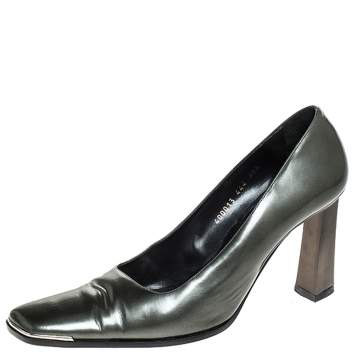 Pre Owned Baldinini Green Leather Slanted Toe Block Heel Pumps Size 40.5