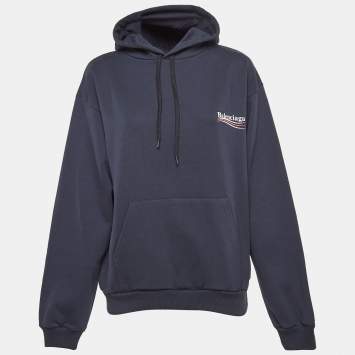 Pre Owned Balenciaga Navy Blue Political Campaign Print Cotton Oversized Hoodie M