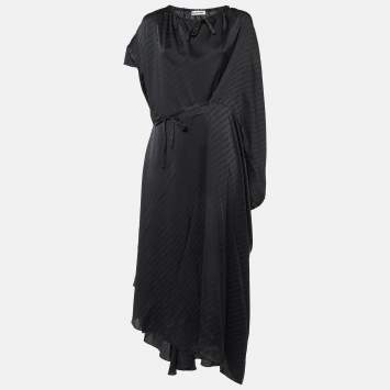 Pre Owned Balenciaga Black Monogram Satin Silk Asymmetric Midi Dress M