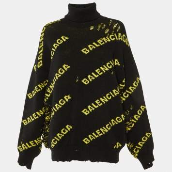 Pre Owned Balenciaga Black All Over Logo Wool Knit Distressed Sweater M