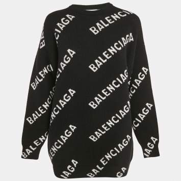 Pre Owned Balenciaga Black Allover Logo Jacquard Wool Crew Neck Oversized Jumper XS