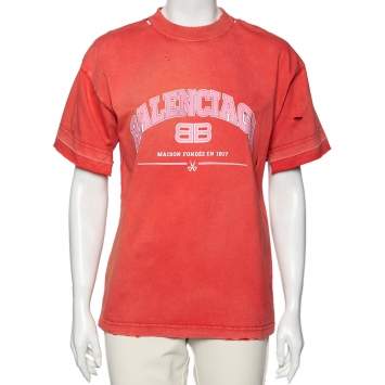 Pre Owned Balenciaga Red Distressed Stonewashed Cotton Logo Printed T-Shirt XXS