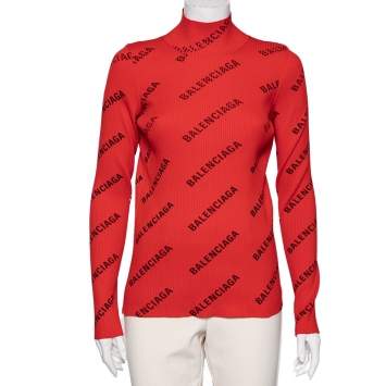 Pre Owned Balenciaga Red Logo Allover Knitwear Turtleneck Top XL
