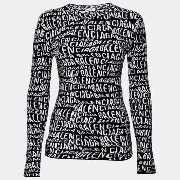 Pre Owned Balenciaga White & Black Wavy Logo Knitted Crew Neck Top XS