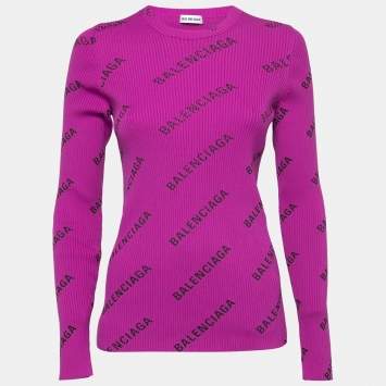 Pre Owned Balenciaga Purple Logo Printed Rib Knit Long Sleeve Jumper XL