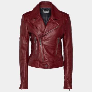 Pre Owned Balenciaga Burgundy Leather Biker Jacket M