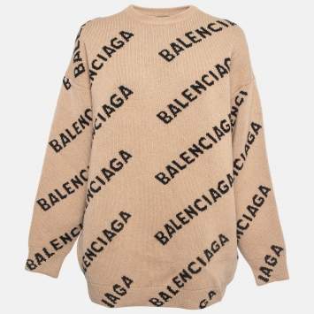 Pre Owned Balenciaga Brown All Over Logo Wool Knit Crew Neck Jumper M