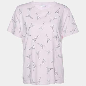 Pre Owned Balenciaga Pink Cotton Eiffel Tower Crystal Studded T-Shirt XL