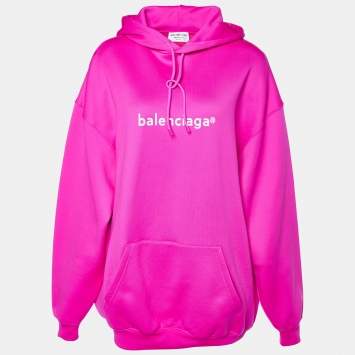 Pre Owned Balenciaga Neon Pink Logo Print Jersey Oversized Hoodie XS