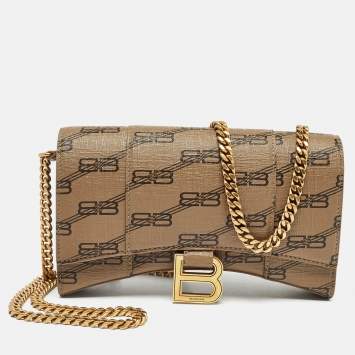 Pre Owned Balenciaga Tan BB Monogram Coated Canvas Hourglass Wallet on Chain