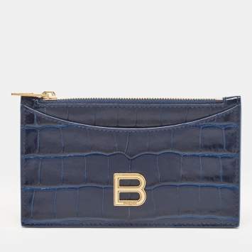 Pre Owned Balenciaga Blue Croc Embossed Leather Zip Card Case