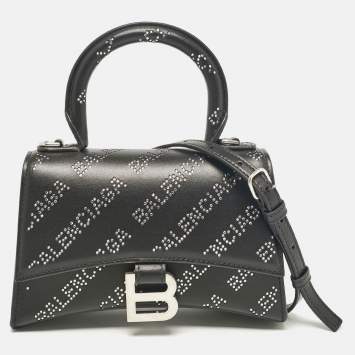 Pre Owned Balenciaga Black Leather XS Diagonal Logo Crystal Hourglass Top Handle Bag