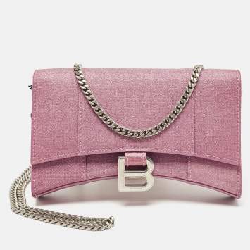 Pre Owned Balenciaga Pink Glitter Leather XS Hourglass Wallet on Chain