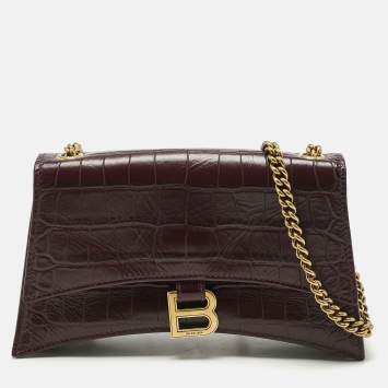 Balenciaga Dark Red Croc Embossed Leather XS Crush Chain Shoulder Bag