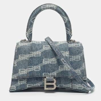 Pre Owned Balenciaga Blue BB Monogram Denim Small Hourglass Top Handle Bag