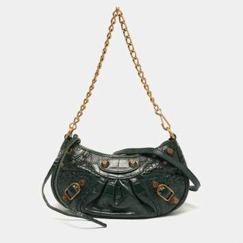 Pre Owned Balenciaga Le Cagole Chain Mini Green Croc Embossed Leather Crossbody Bag