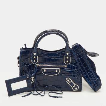 Pre Owned Balenciaga Classic Metallic Edge City Mini Navy Blue Croc Embossed Leather Bag