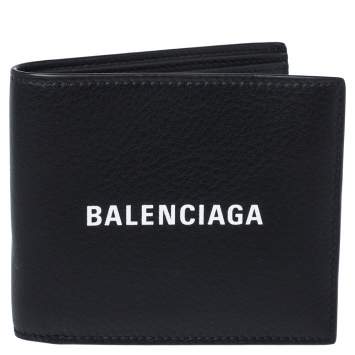 Pre Owned Balenciaga Black Leather Logo Bifold Wallet