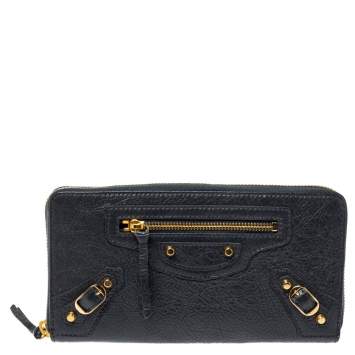 Pre Owned Balenciaga Grey Leather Motocross Classic Zip Continental Wallet