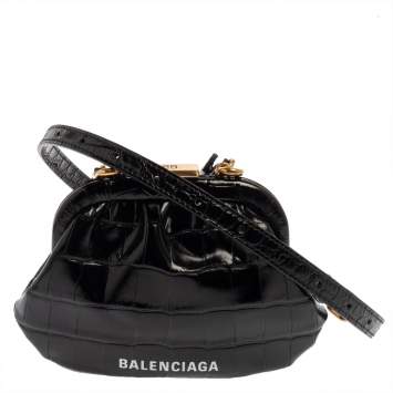 Pre Owned Balenciaga Black Croc Embossed Leather Cloud Coin Purse Clutch Bag