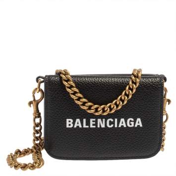 Pre Owned Balenciaga Black Leather Cash Mini Wallet On Chain