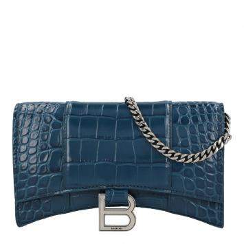 Pre Owned Balenciaga Blue Croc Embossed Leather Calfskin Hourglass Chain Wallet