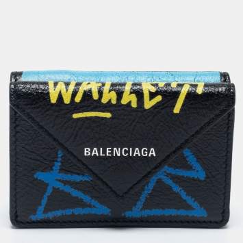 Pre Owned Balenciaga Multicolor Graffiti Print Leather Mini Papier Wallet